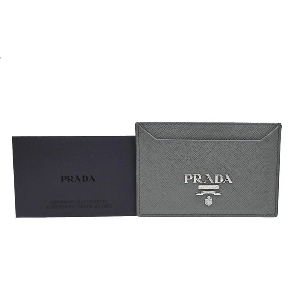 PRADA Logo Saffiano Card Holder Case Leather Gray Marmo 188-082825